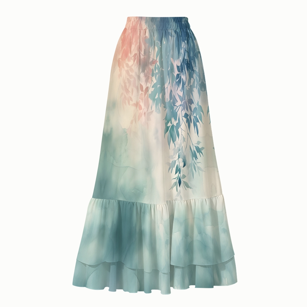 Pastel Leafy Gradient Ruffled One-Piece Swimsuit and Tiered Maxi Skirt