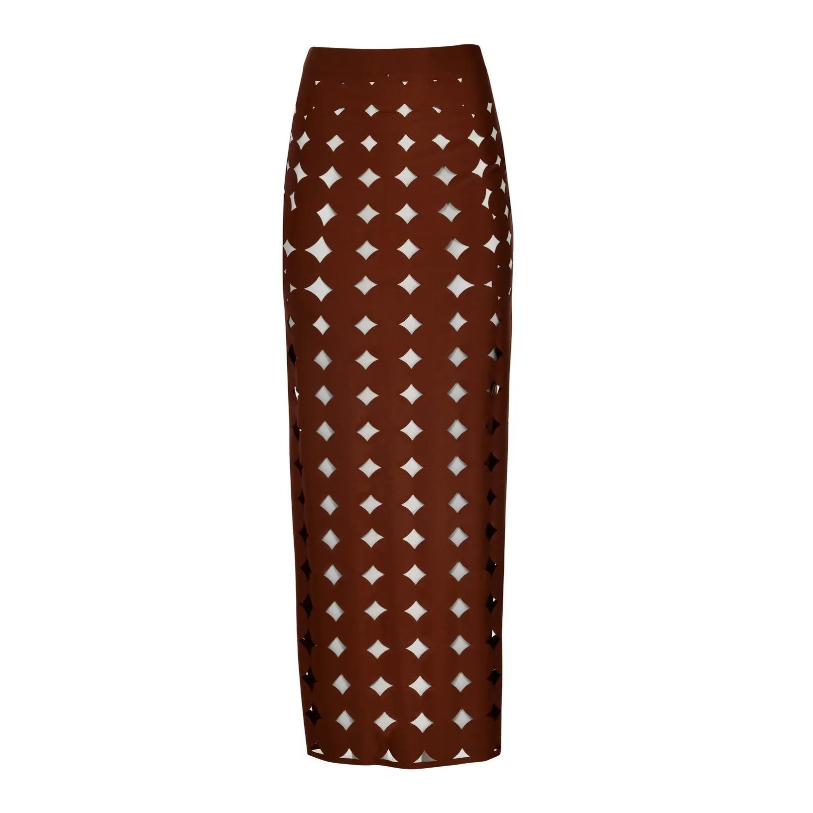 Women's New Solid Color Sexy Cut-Out Bikini Two-Piece Swimsuit with Skirt - Brown