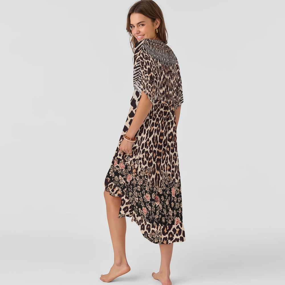 Ruched Leopard Print One-Piece Swimsuit with Matching Tie-Front Cover-Up