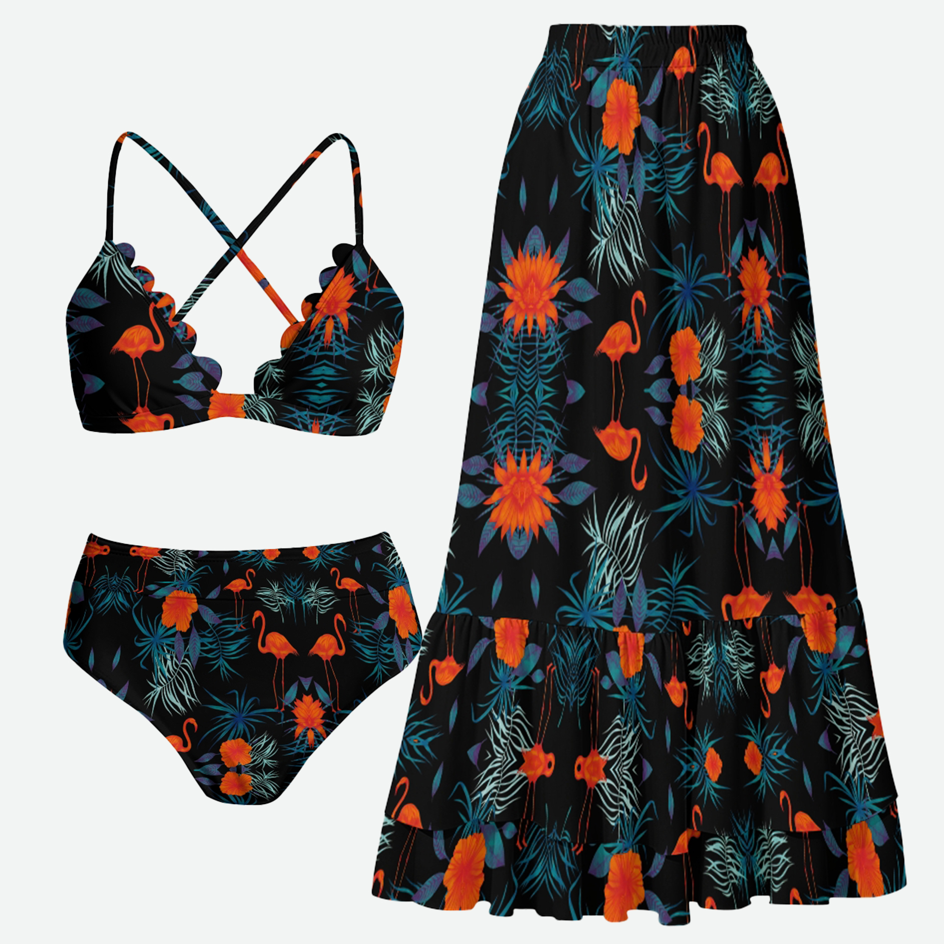 Women's Flamingos Pattern Scalloped Bikini Top High Waist Bottom with Skirt