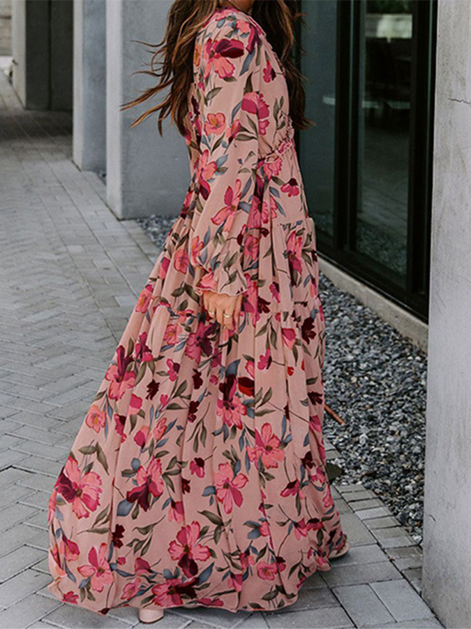 Ruffled Long Sleeve Printed Dress