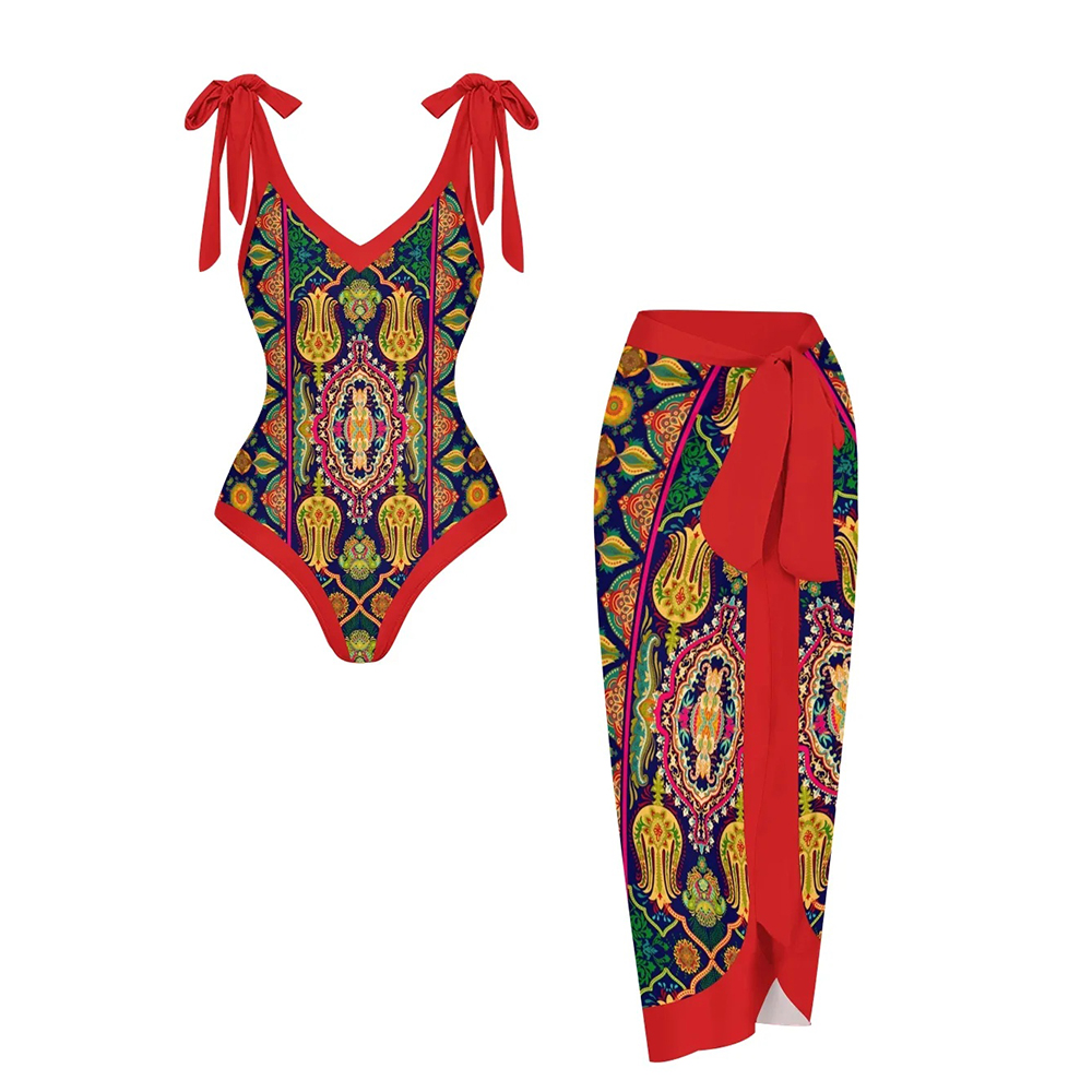 Women's Mandala Print One Piece Baroque Swimsuit with Matching Wrap Skirt Set
