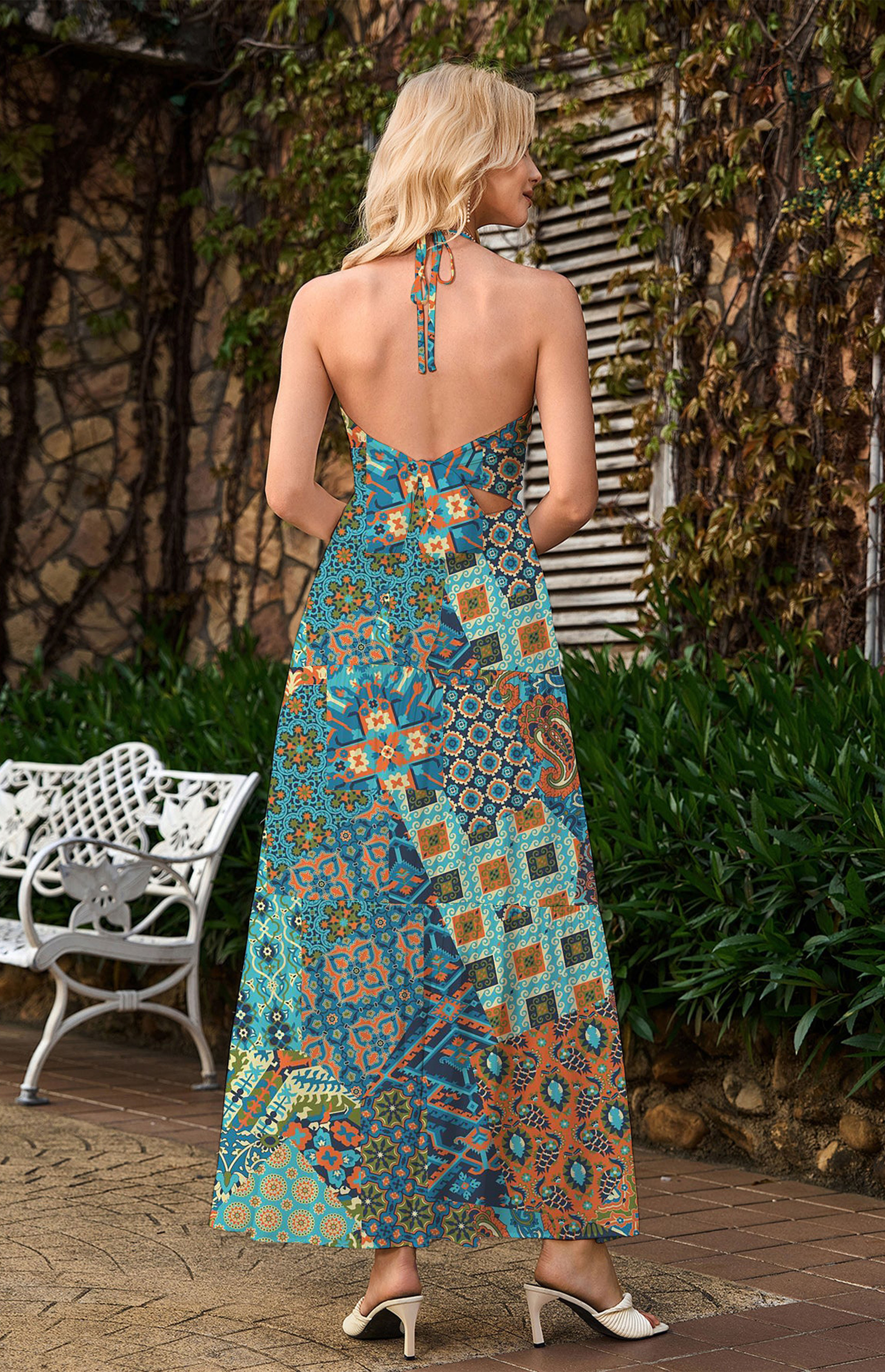  Boho Patchwork Paisley Halter Maxi Dress