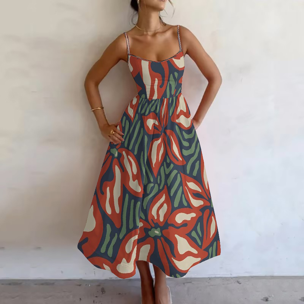 Women's Crimson Tropical Flora Printed Slip Dress