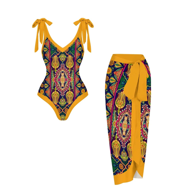 Women's Mandala Print One Piece Baroque Swimsuit with Matching Wrap Skirt Set
