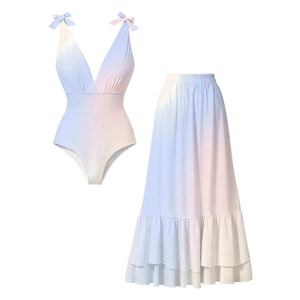 Pastel Gradient Lace-up One-Piece Swimsuit and Flowing Maxi Skirt