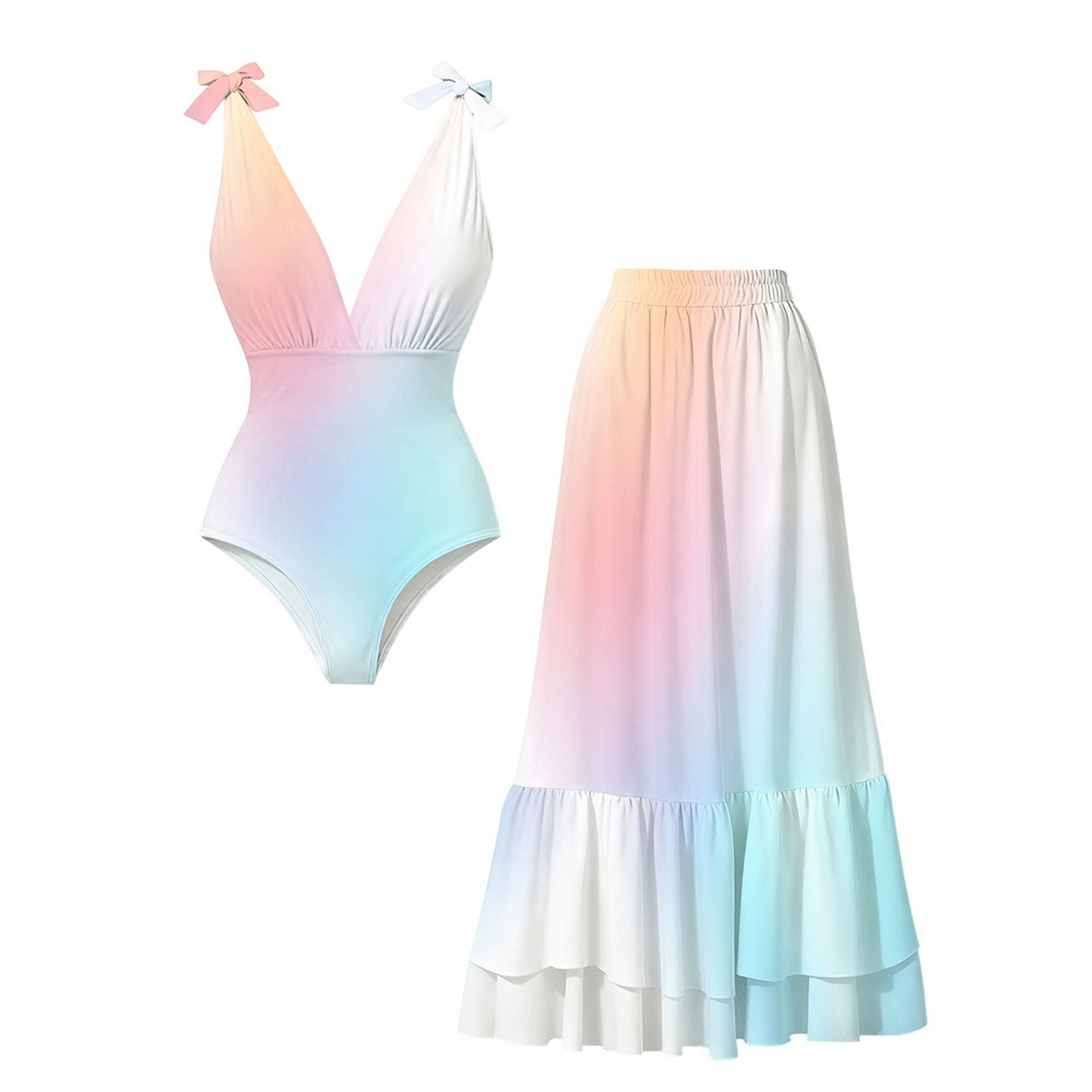 Dreamy Ombre Gradient One-Piece Swimsuit with Flowing Maxi Skirt
