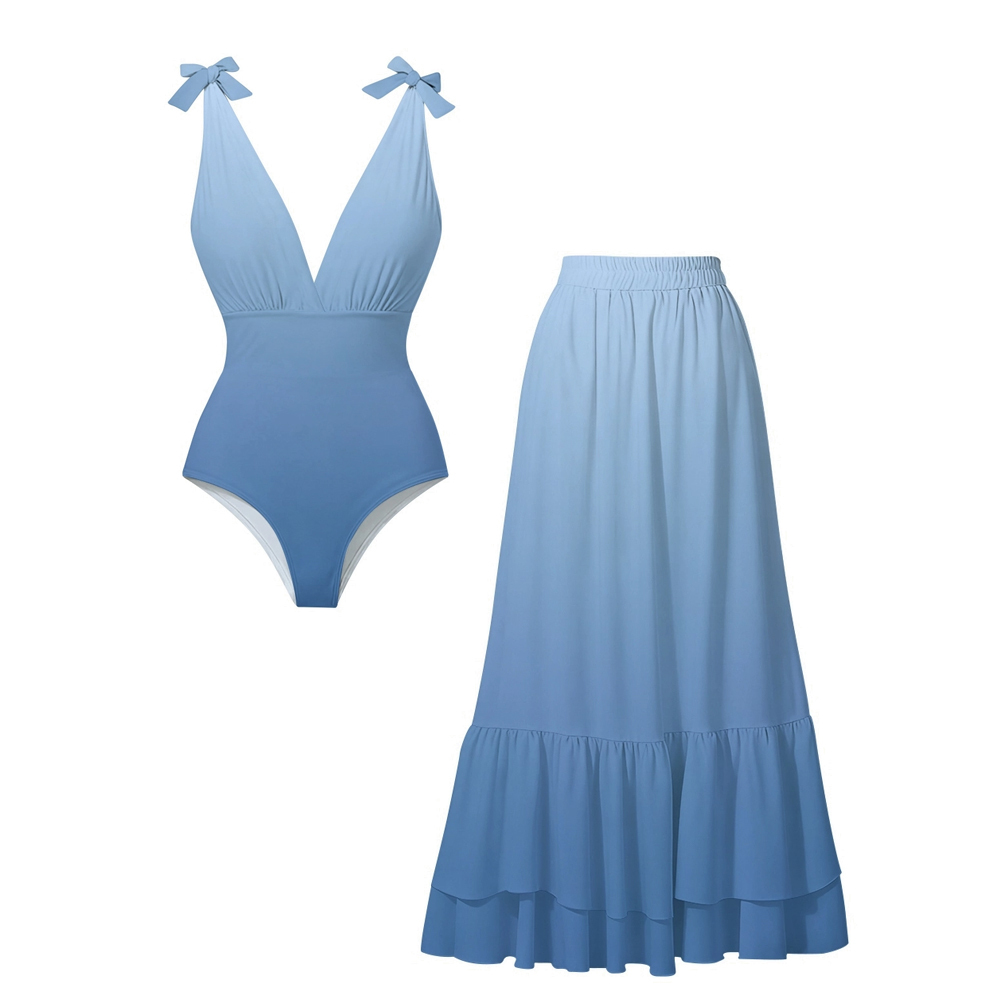 Sky Blue Gradient One-Piece Swimsuit with Coordinating Maxi Skirt
