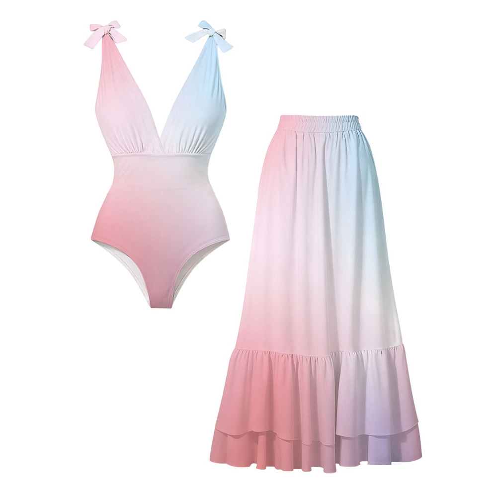Charming Ombre Lace-up One-Piece Swimsuit and Flowing Maxi Skirt