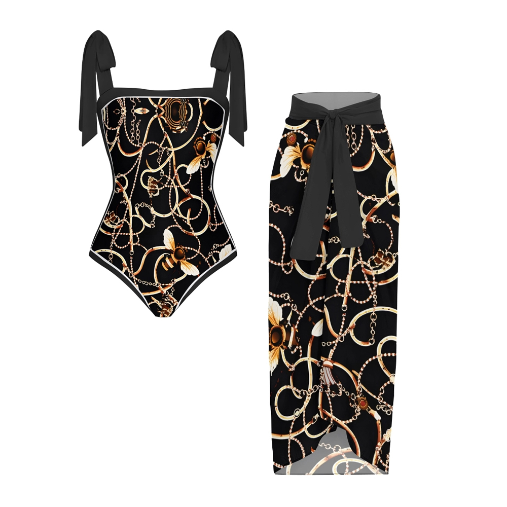 Baroque Chain Print One-Piece Swimsuit with Matching Sarong Skirt