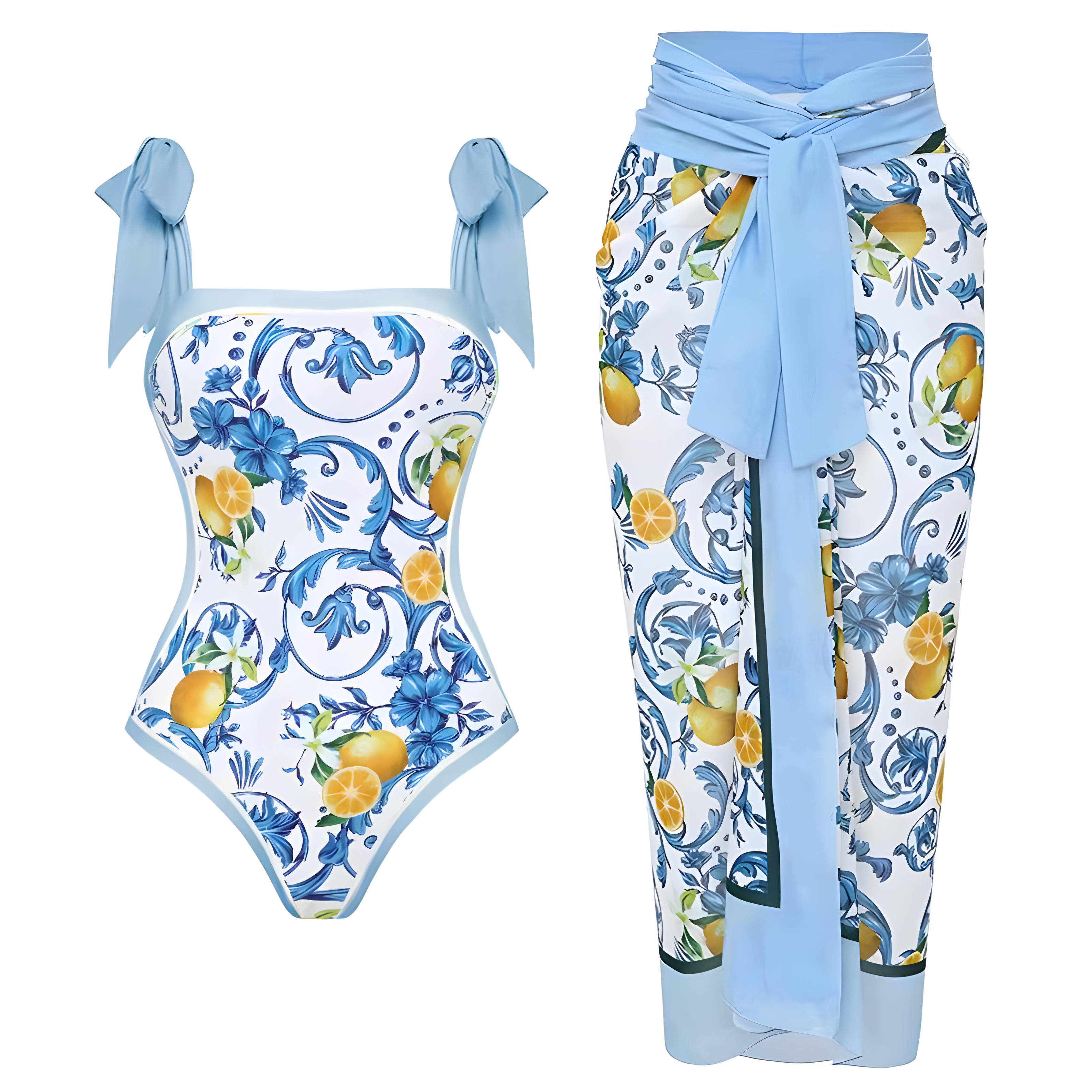 Women's Vintage Sicilian Lemon Print One-Piece Swimsuit and Matching Maxi Skirt