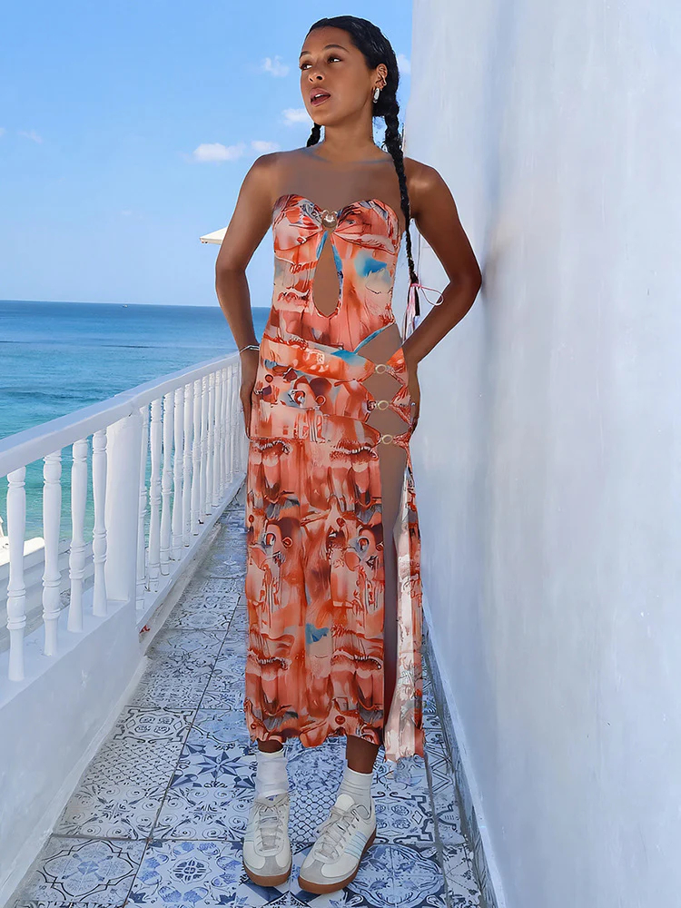 Backless Hollow Side Slit Printed Tube Top Midi Dress