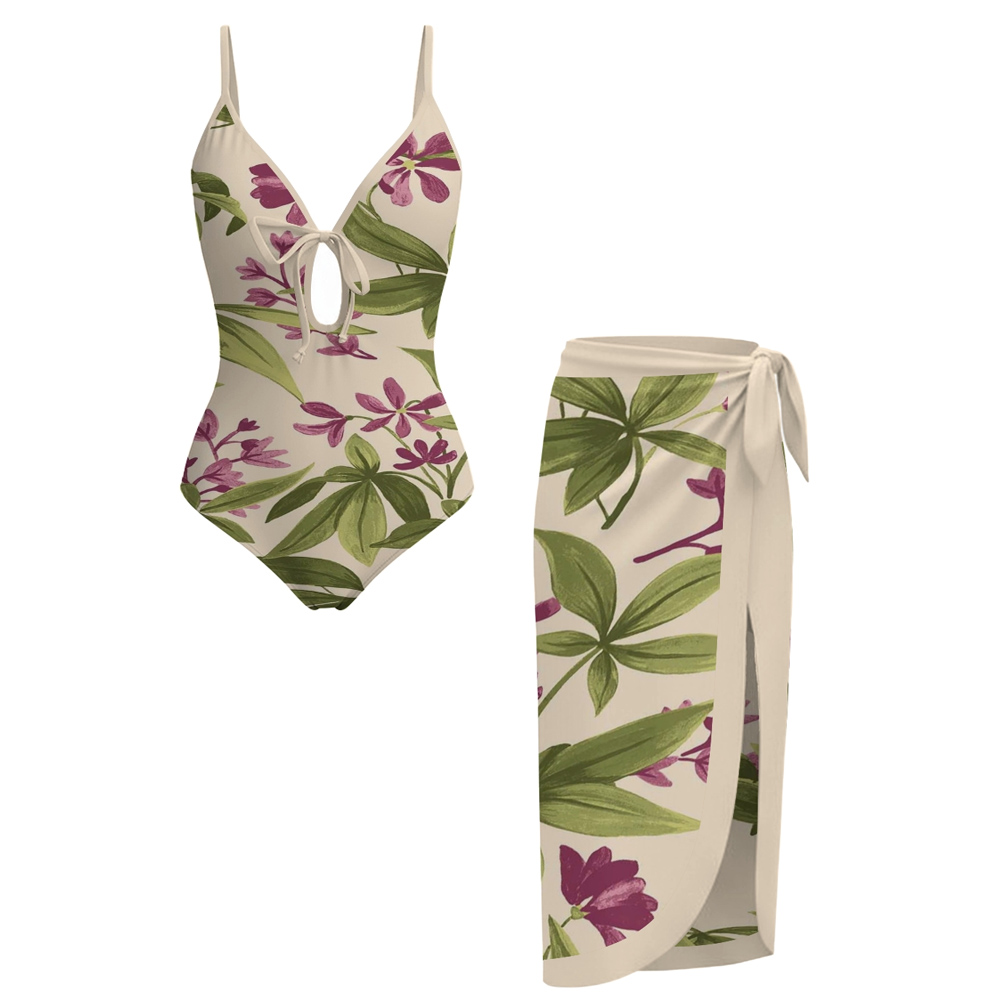Plunge Tie Front Swimsuit, Slit Skirt, Tropical Floral Set
