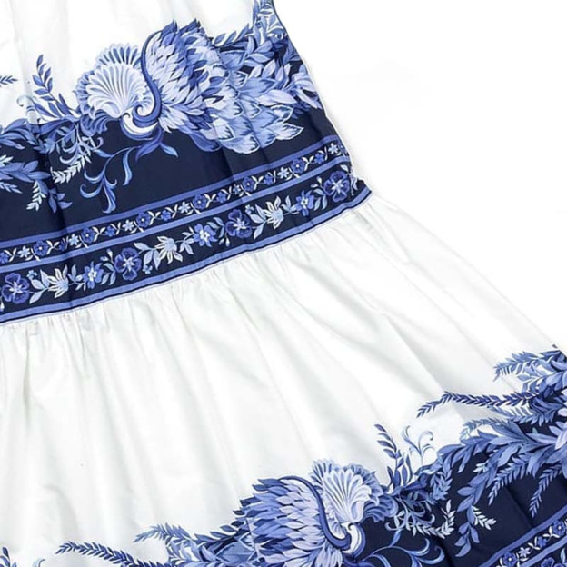 Women's V Neck New Blue Oriental-Inspired Print One Piece Swimsuit and Skirt