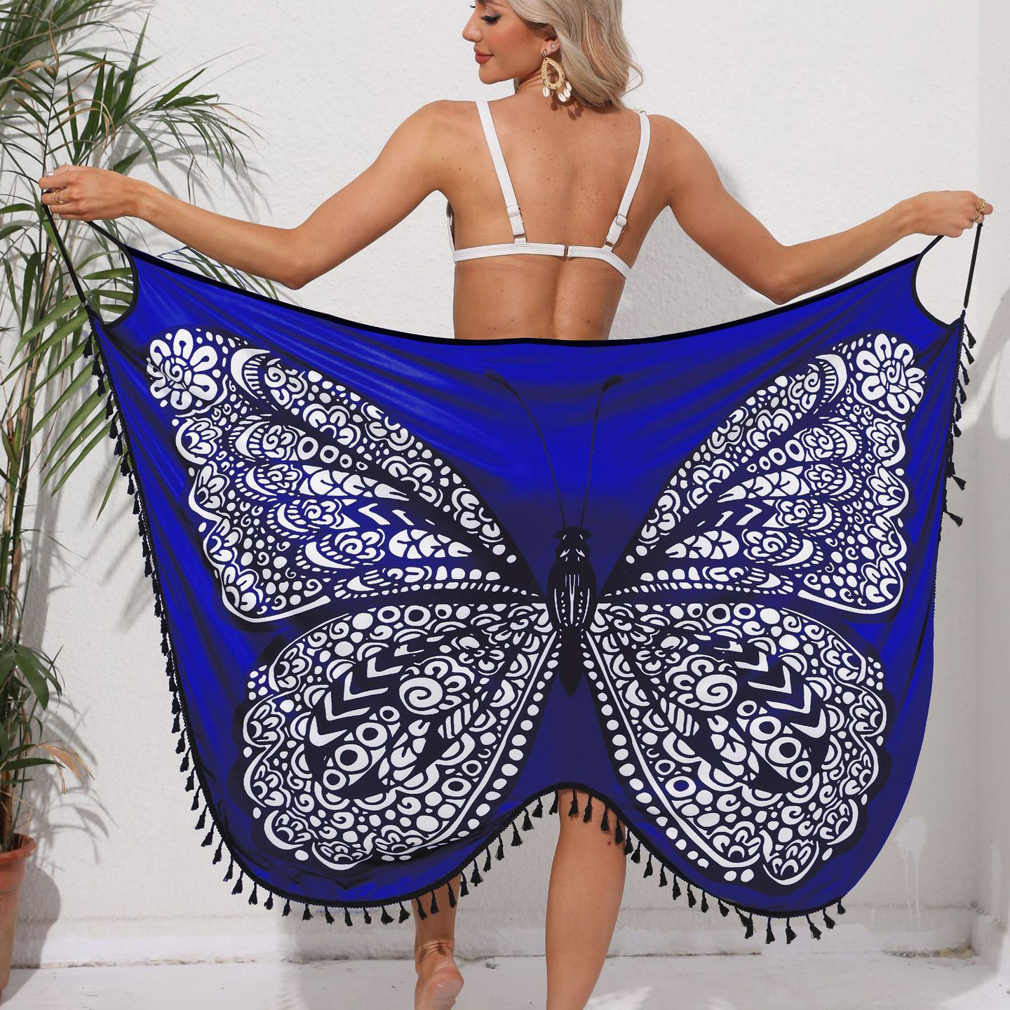 Vacation Style Butterfly Print Spaghetti Strap Beach Dress with Tie-Back and Open Back