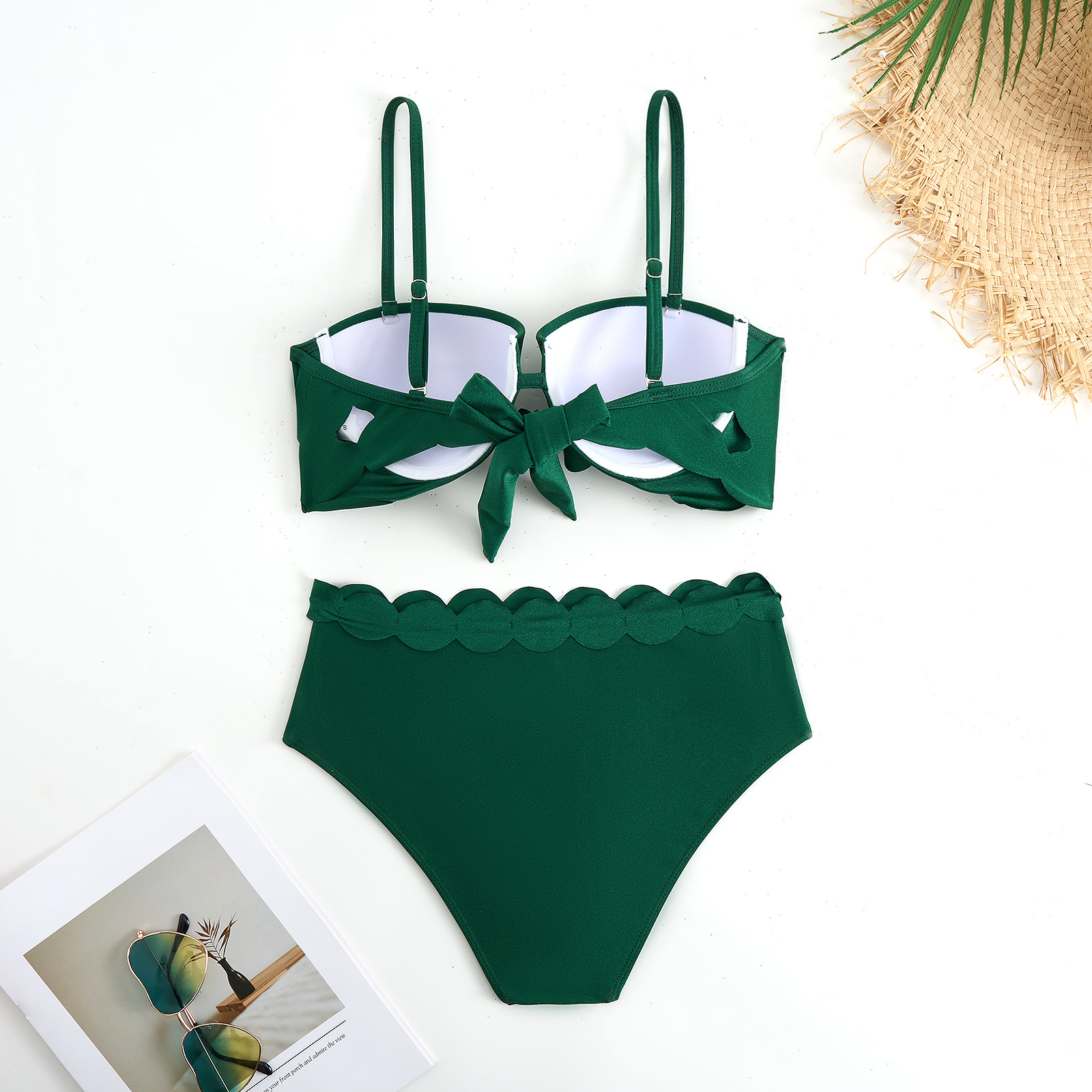 Women's New Solid Color Sexy Cut-Out Bikini Two-Piece Swimsuit with Skirt - Green