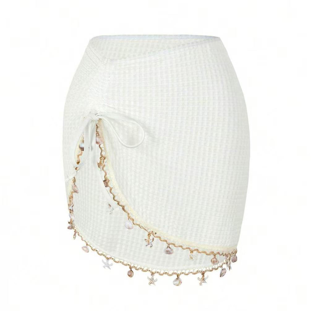 Black Knit Cover-Up Skirt Embellished with Shells, Starfish, and Fringe