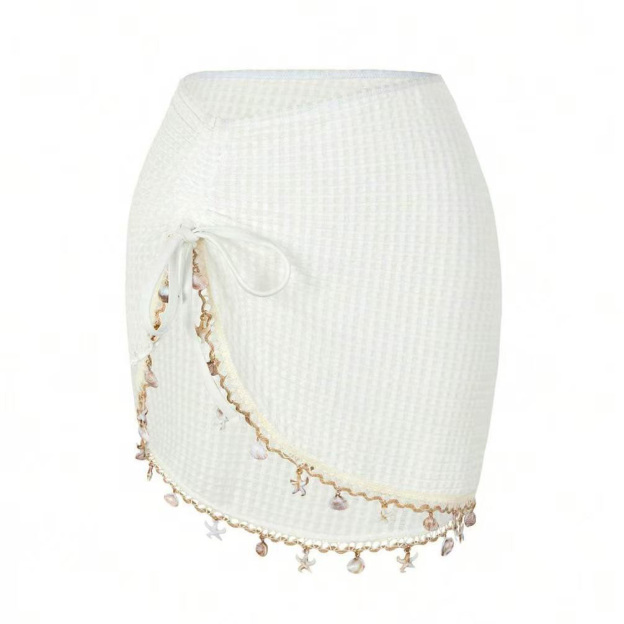 Black Knit Cover-Up Skirt Embellished with Shells, Starfish, and Fringe