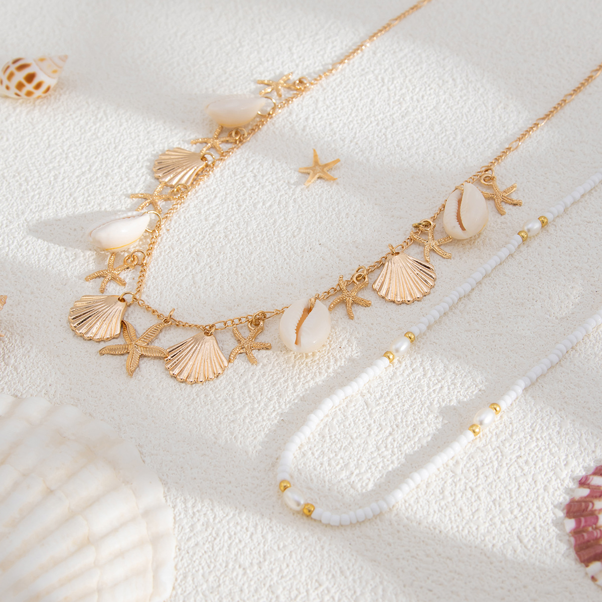 Ocean Style Gold Waist Chain Shell Starfish White Bead Pendant Summer Beach Jewelry for Women
