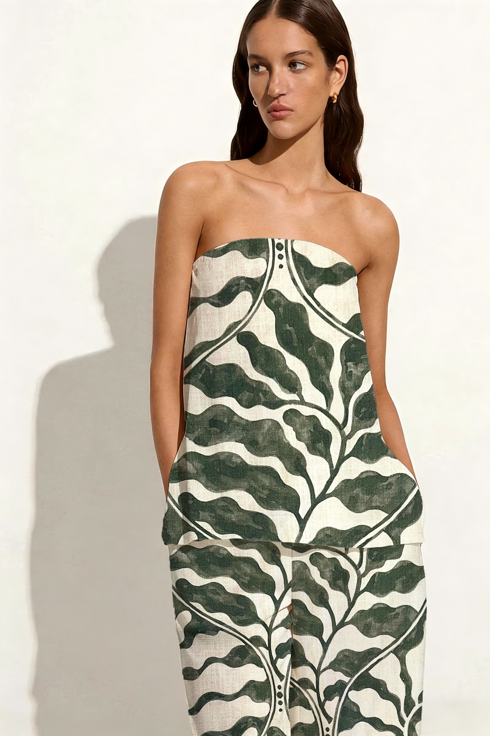  Dark Green Wavy Leaf Linen Set