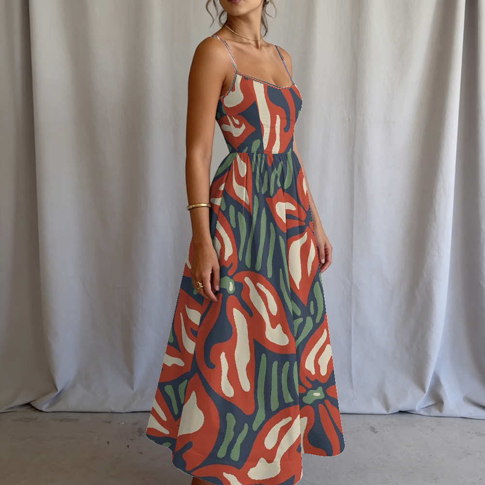 Women's Crimson Tropical Flora Printed Slip Dress