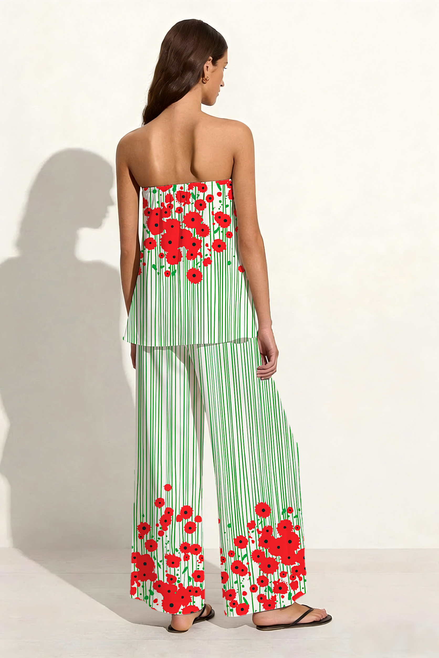 Red Poppy & Green Vertical Stripe Print Set