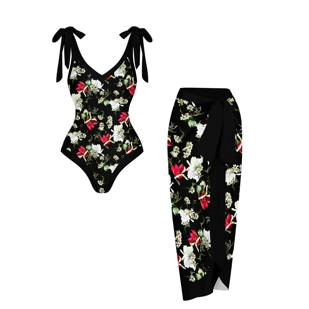 Classic One Piece Swimsuit with Adjustable Shoulder Ties and Wrap Skir