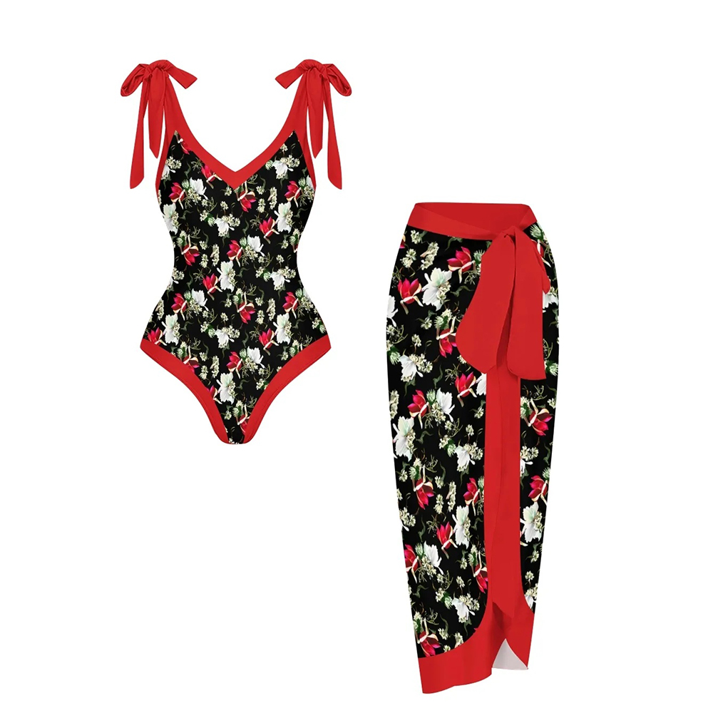 Classic One Piece Swimsuit with Adjustable Shoulder Ties and Wrap Skirt Set