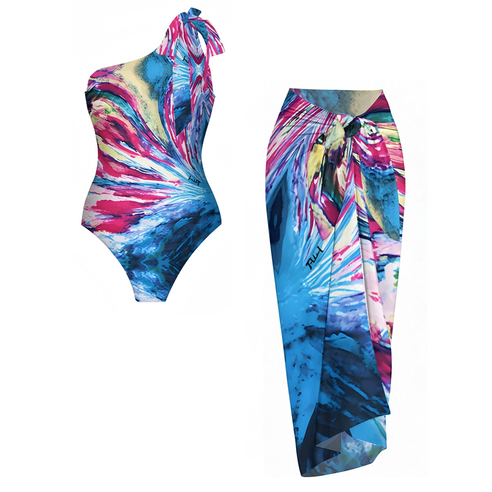 Abstract Print One-Shoulder One-Piece Swimsuit with Matching Sarong Skirt