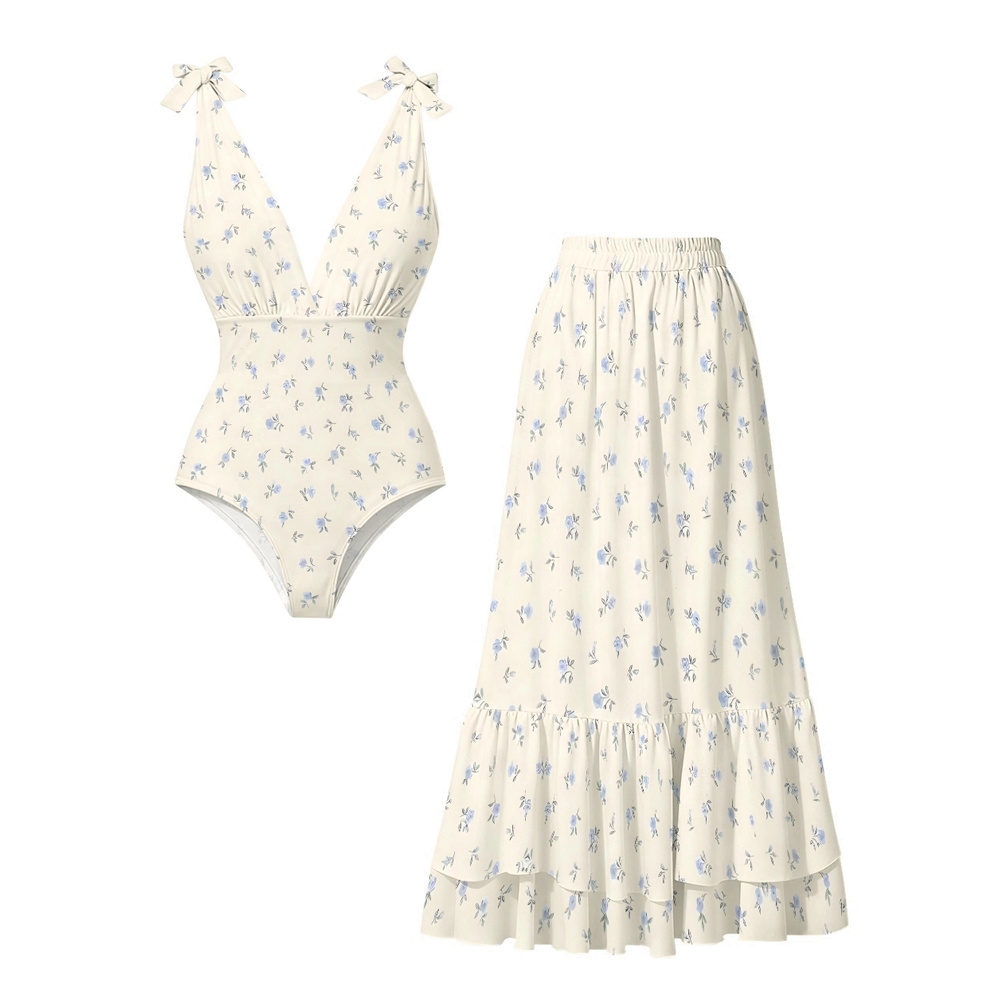 Cream and Blue Floral One-Piece Set
