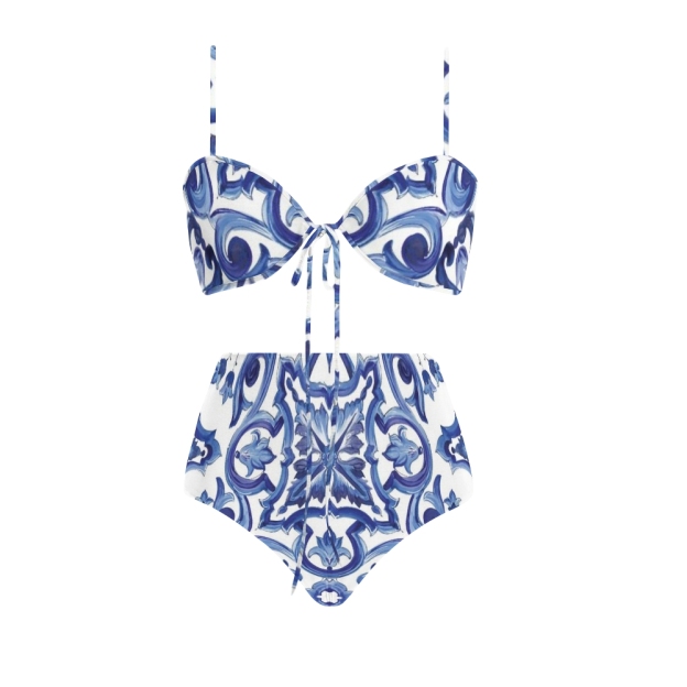 Elegant Baroque Pattern Bikini Set with Front Tie Top and Coordinated Sarong Skirt