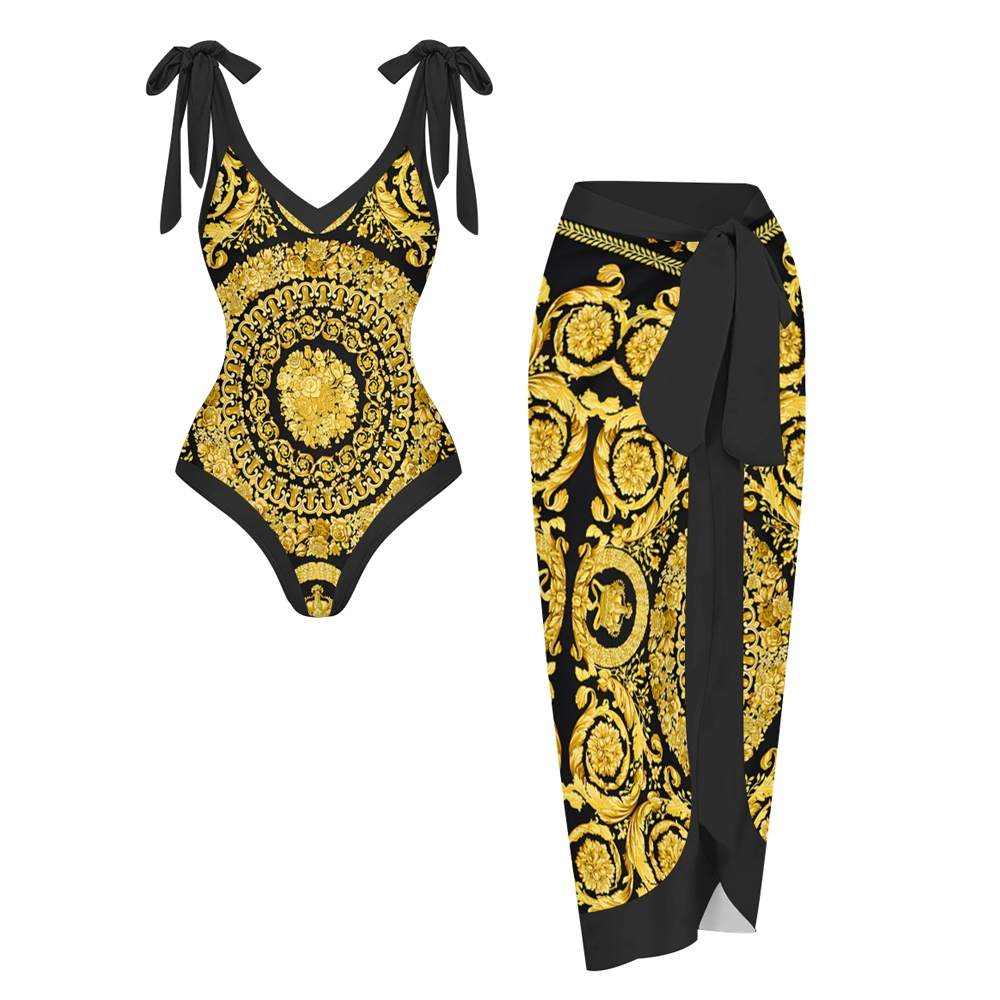 Baroque Print One Piece Swimsuit with Matching Sarong Skirt