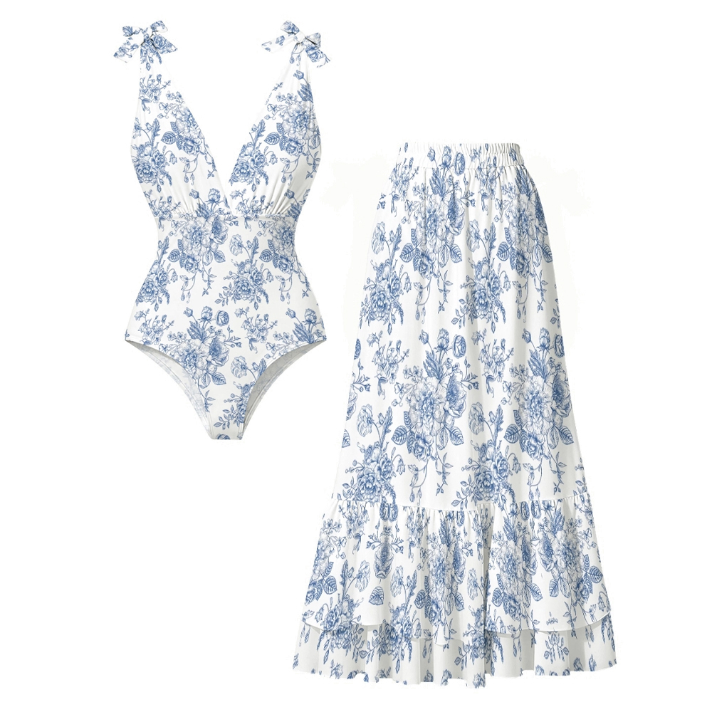 Toile de Jouy One-Piece Swimsuit with Matching Ruffle Maxi Skirt