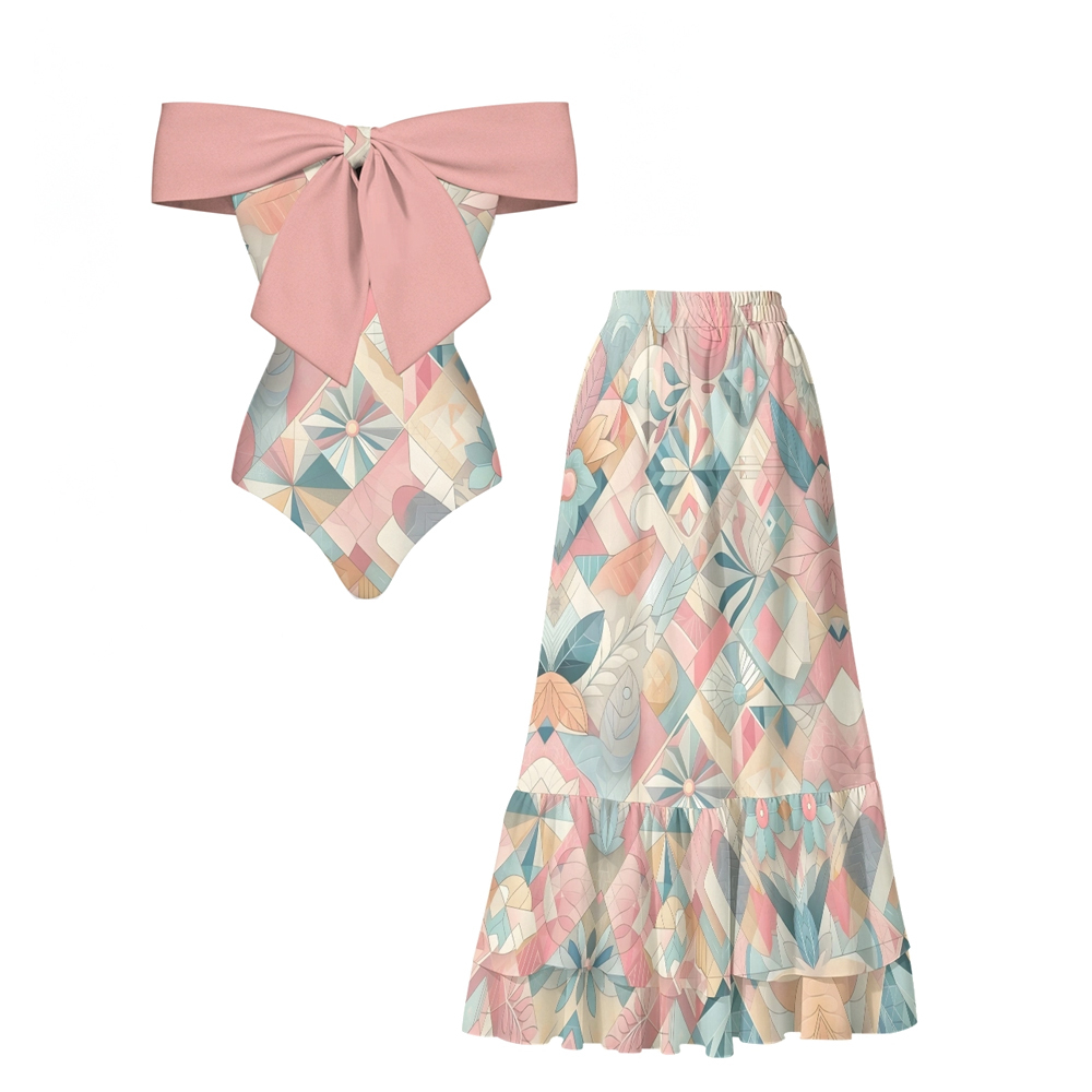 Pastel Geometric Bow Detail One Piece Swimsuit and Tiered Maxi Skirt Set