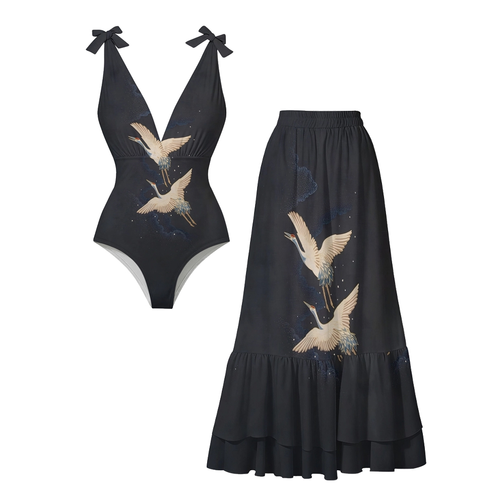 Oriental Celestial Crane One Piece Swimsuit with Matching Maxi Skirt
