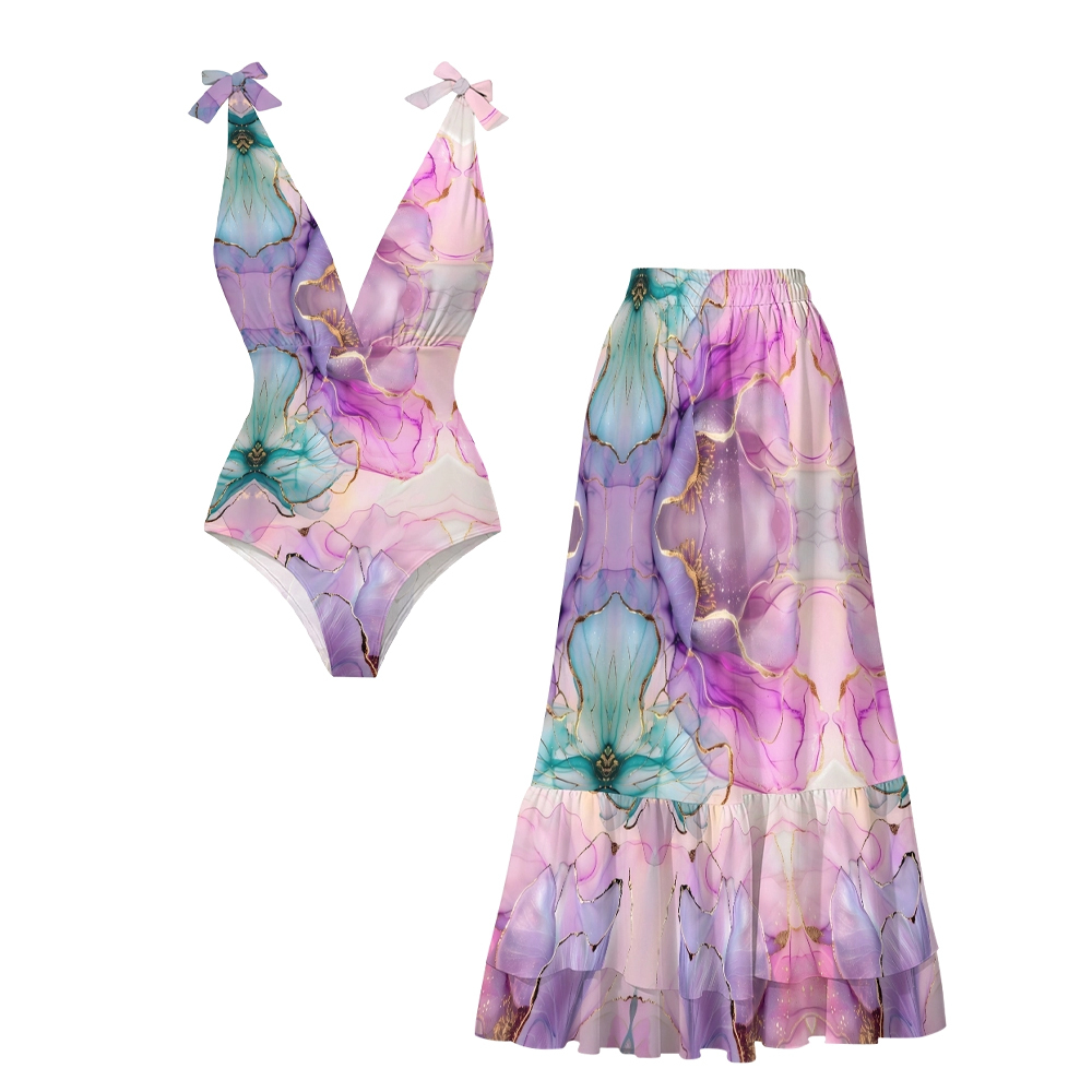 Watercolor Gold Foil Printing V-Neck One-Piece Swimsuit and Tiered Maxi Skirt