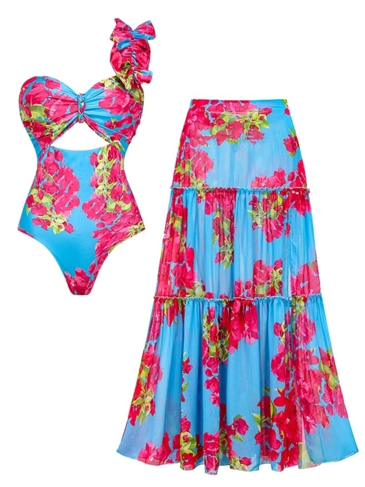Ruffle Bougainvillea Flower Printed Swimsuit and Skirt