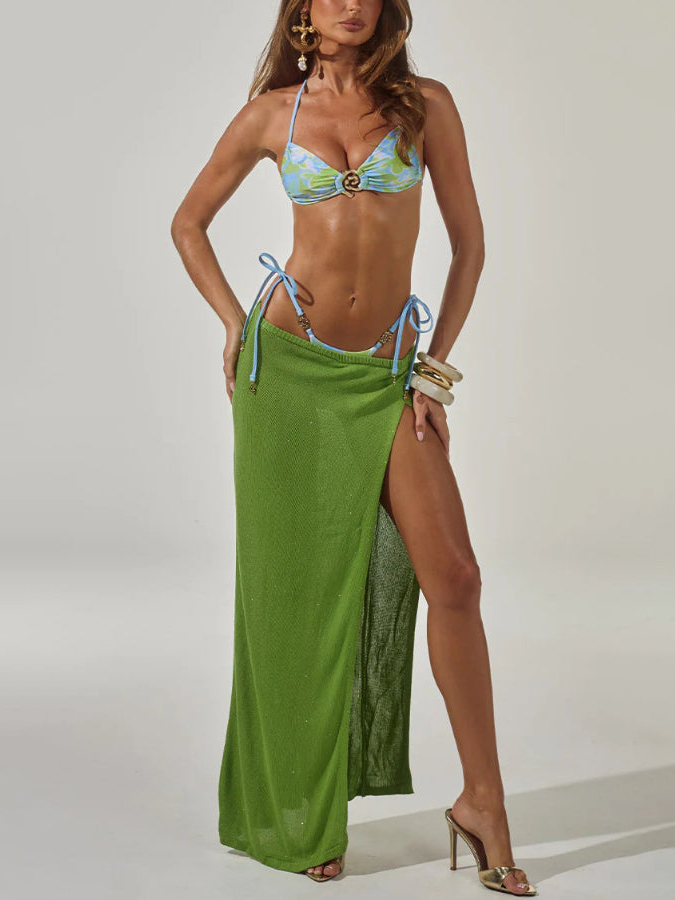 Elegant Bikini Set with High-slit Casual Knitted Cover-up Maxi Skirt