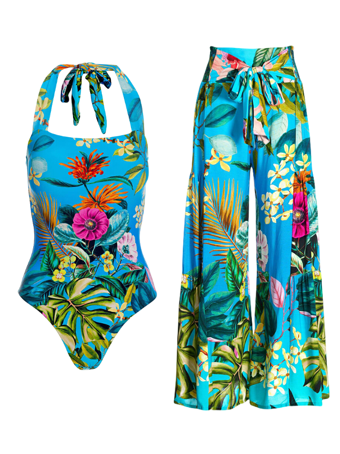 Floral Printed One Piece Swimsuit and Wide-leg Pants