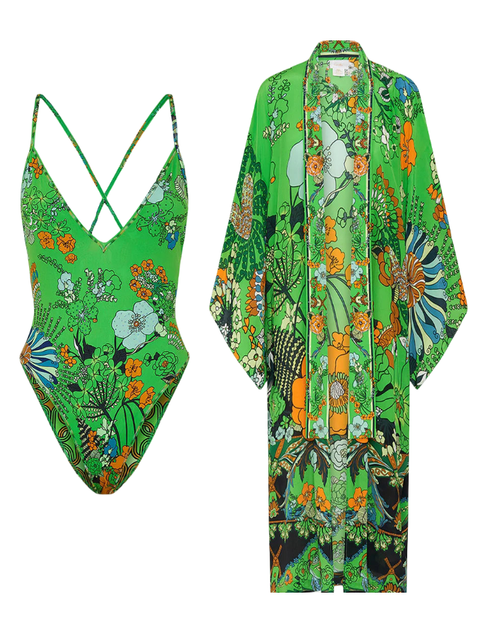 Reversible Printed One Piece Swimsuit and Kimono