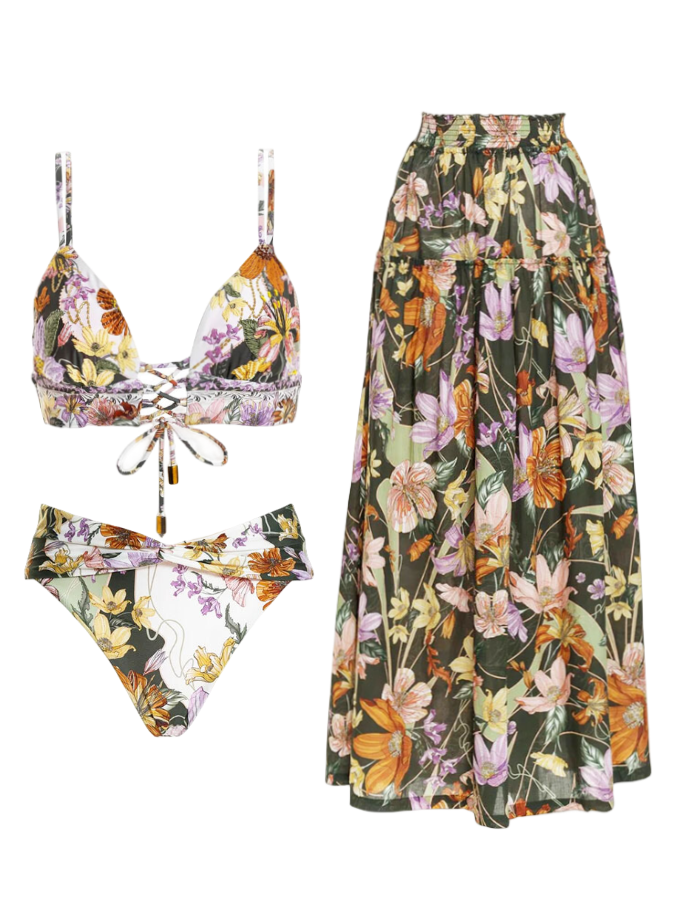 Floral Printed Bikini Set And Skirt Swimsuit