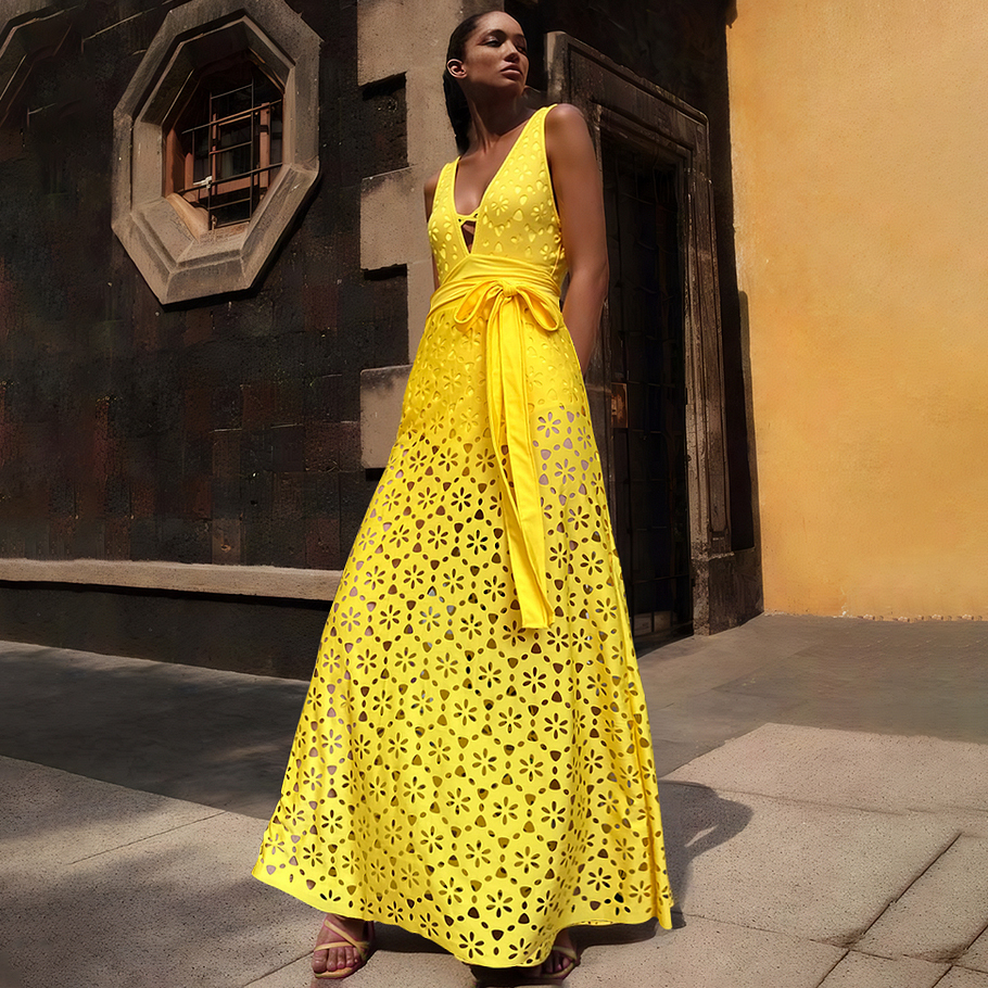 Women's V Neck Bestselling Sexy Solid Color Cut-Out One-Piece Swimsuit Set - Yellow