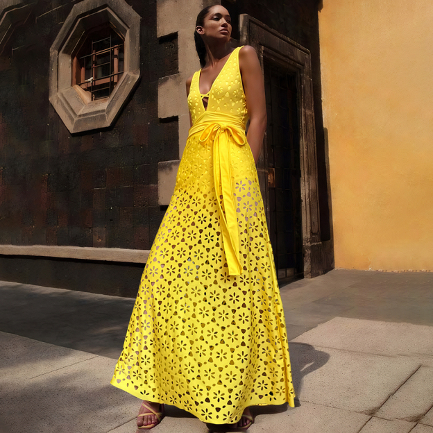 Women's V Neck Bestselling Sexy Solid Color Cut-Out One-Piece Swimsuit Set - Yellow