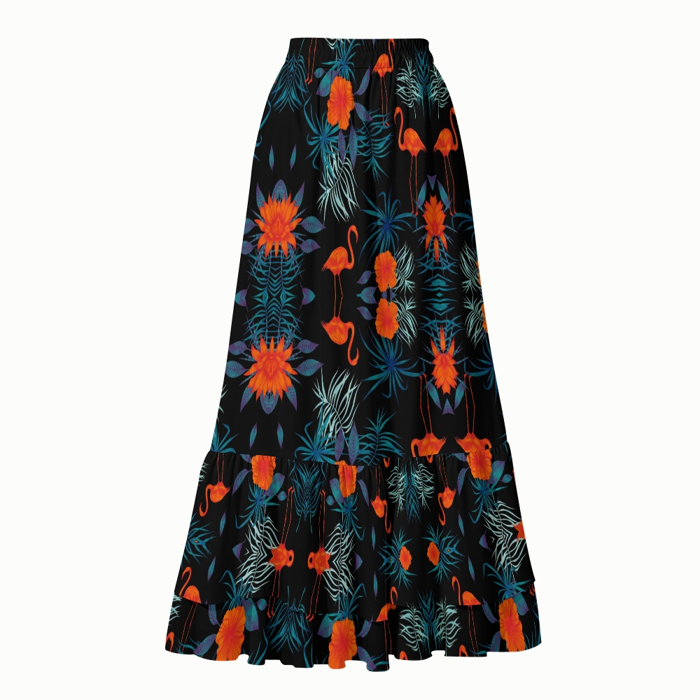 Women's Flamingos Pattern Scalloped Bikini Top High Waist Bottom with Skirt