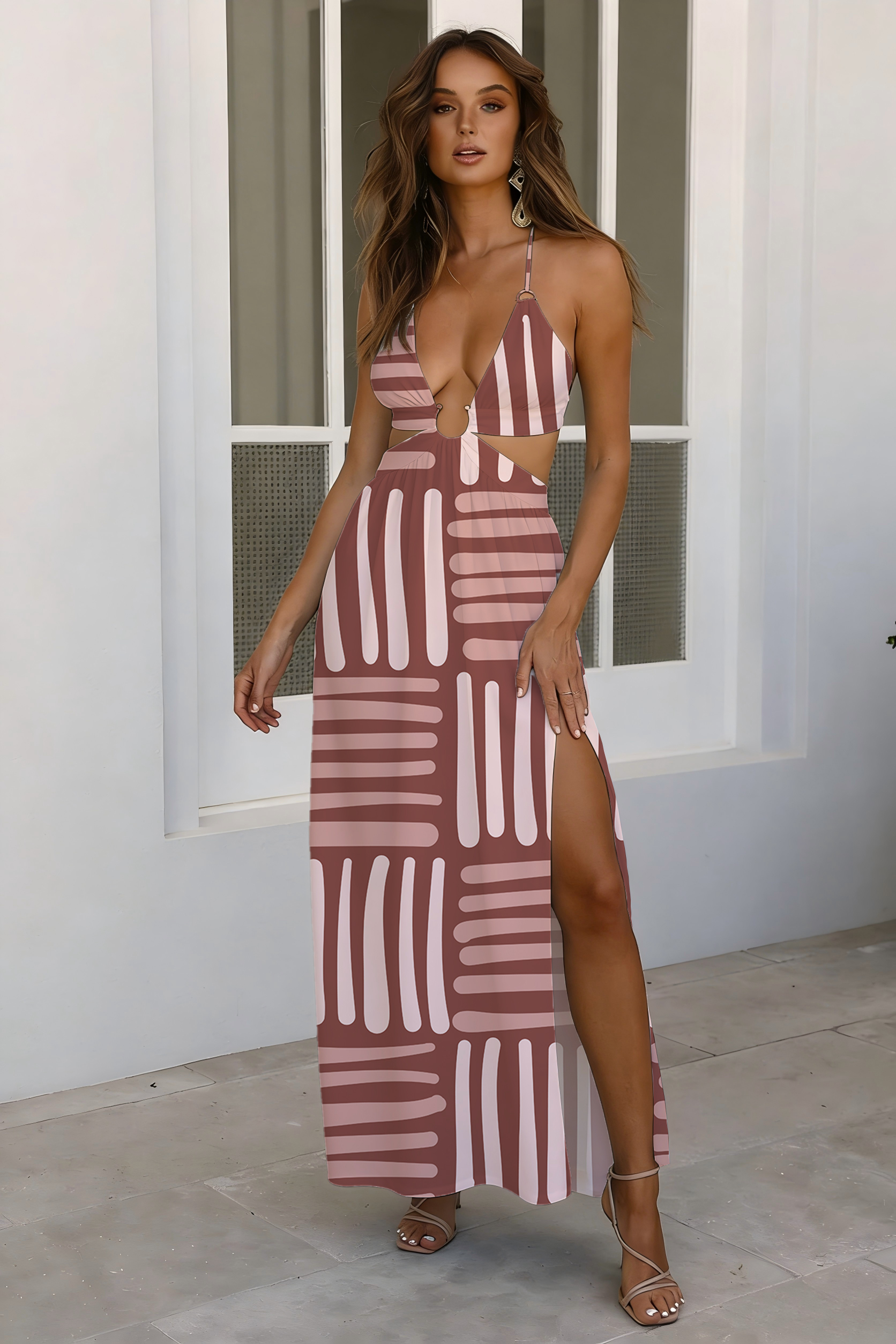 Dusty Rose & Pink Abstract Stripe Cutout Maxi Dress