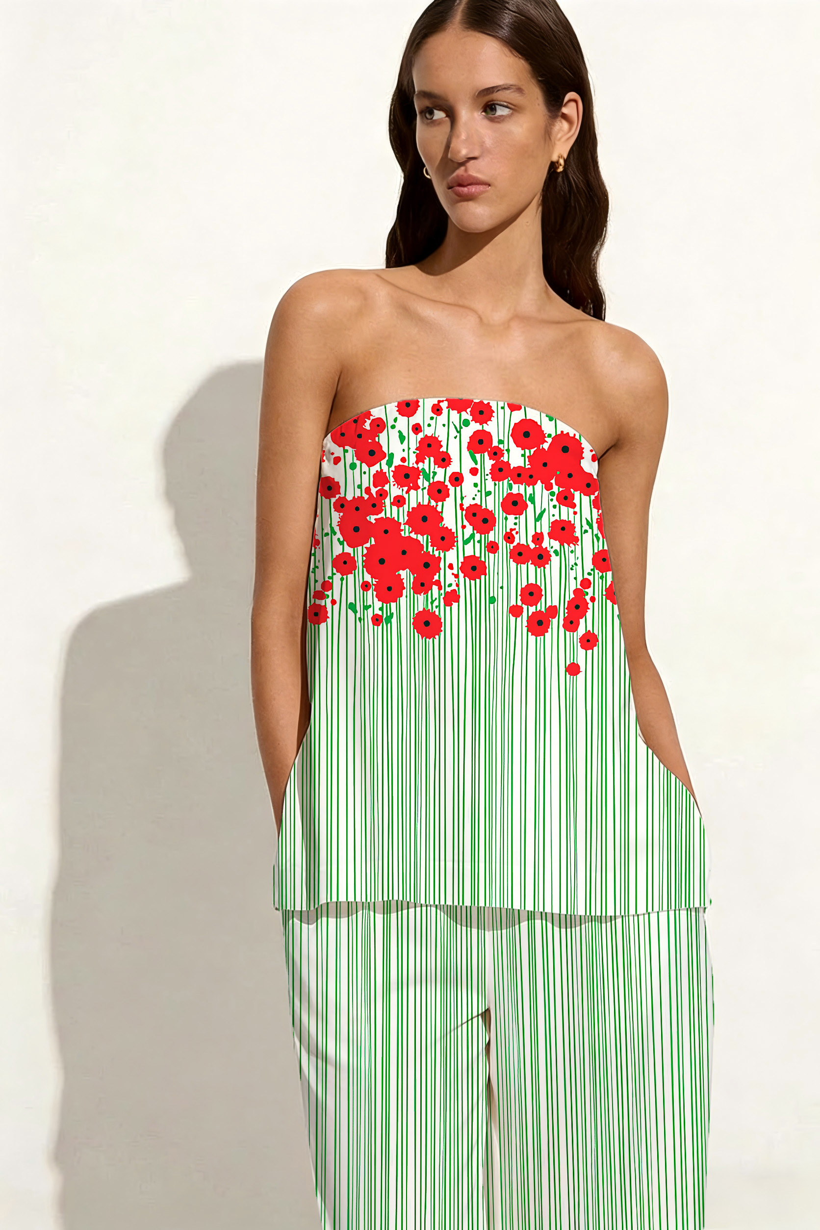 Red Poppy & Green Vertical Stripe Print Set