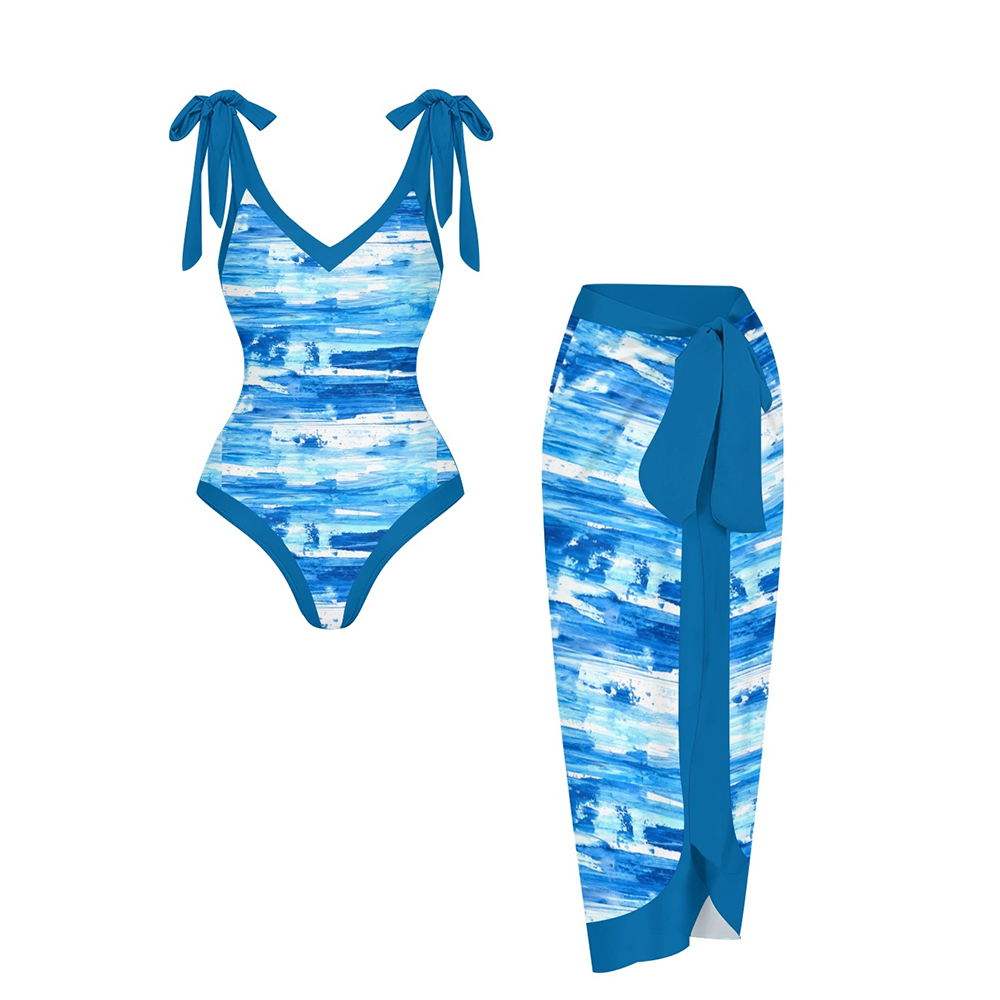 Women's Modern Resort Swimwear Set Abstract Print with Blue Tie Accents