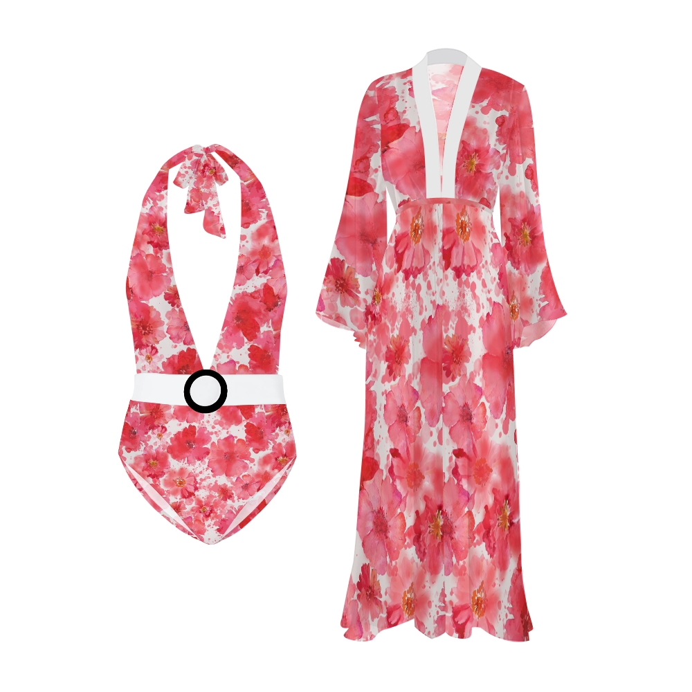 Print One Piece Swimsuit And Beach Kimono