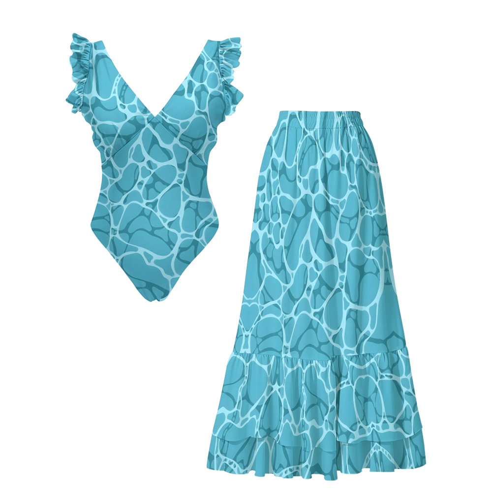 Ruffle V-Neck Aqua Ripple One-Piece Swimsuit and Flowing Tiered Maxi Skirt