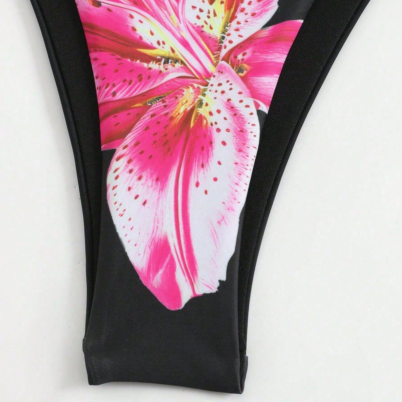 Women's Lily Print Bikini Set Two-Piece Swimsuit with Skirt